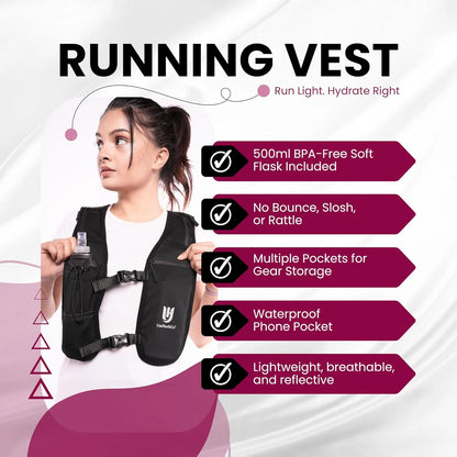 Running Vest Phone Holder with 500Ml Water Bottle, Waterproof Phone Pocket Reflective Vest, Breathable Hydration Running Vest for Unisex